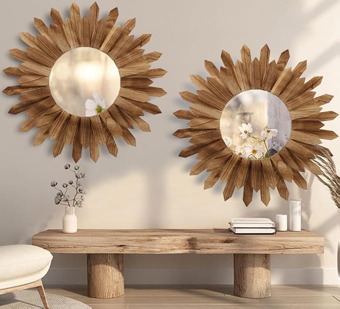 LOSOUR 2 Pack 22 Inch Boho Wall Sunburst Mirror Rustic Round Wood Decorative by LOSOUR
