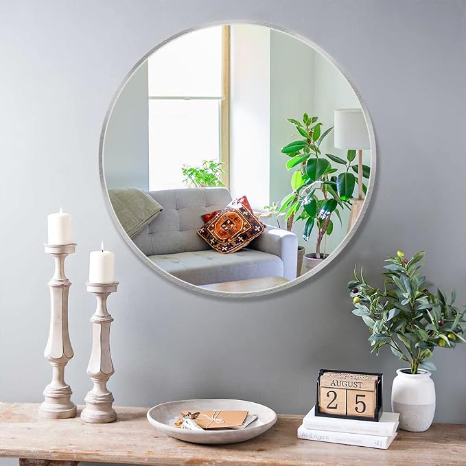 Itrue 36 Inch Round Wall Mirror, Brushed Silver Metal Frame Circle Bathroom by Villacola