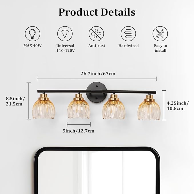 TALOYA Bathroom Vanity Light Fixtures, 4-Light Black and Gold Wall Lights - Image 2