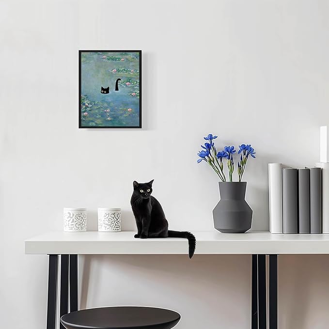 Hamduker Funny Black Cat Wall Art, Monet Art Water Lily Cat Wall Art Decor - Image 4