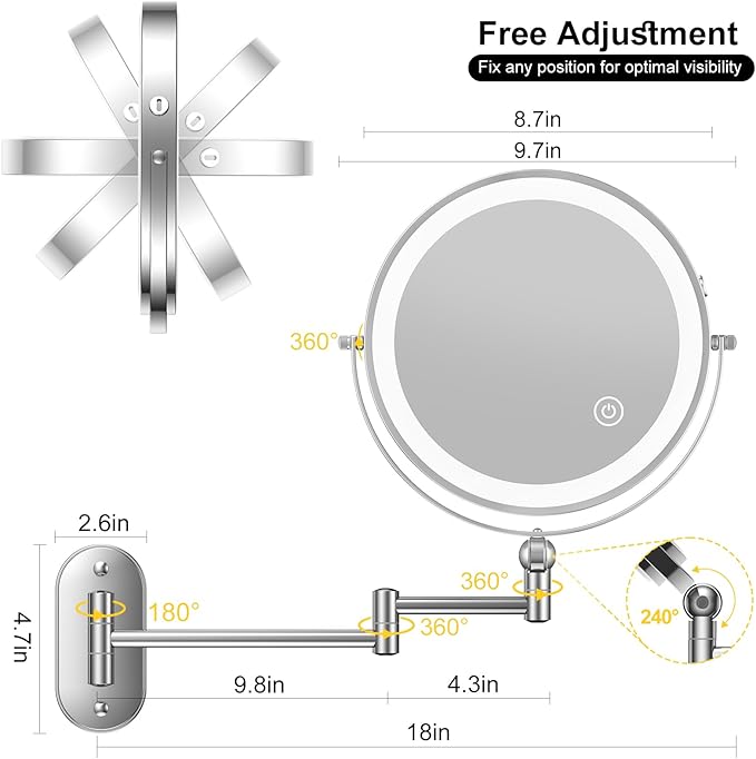 9" Wall Mounted Lighted Makeup Mirror, 4000mAh Rechargeable Double Sided 1X/10X - Image 6