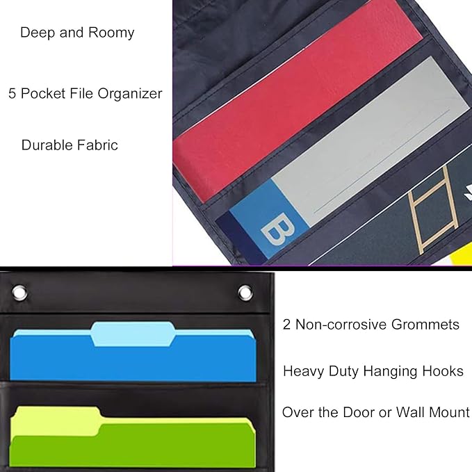 Hanging Wall File Organizer, 5 Pocket, Oxford Cloth Storage Pocket, Over The - Image 4