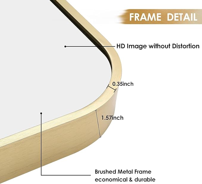 20x28 Inch Gold Bathroom Mirror, Brushed Brass Gold Metal Framed Rectangular - Image 4