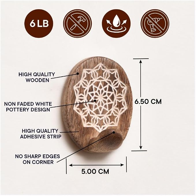 Indian Shelf 6 Lb- 6 Pieces Decorative Wood Adhesive Wall Hooks–Boho Peel and - Image 7
