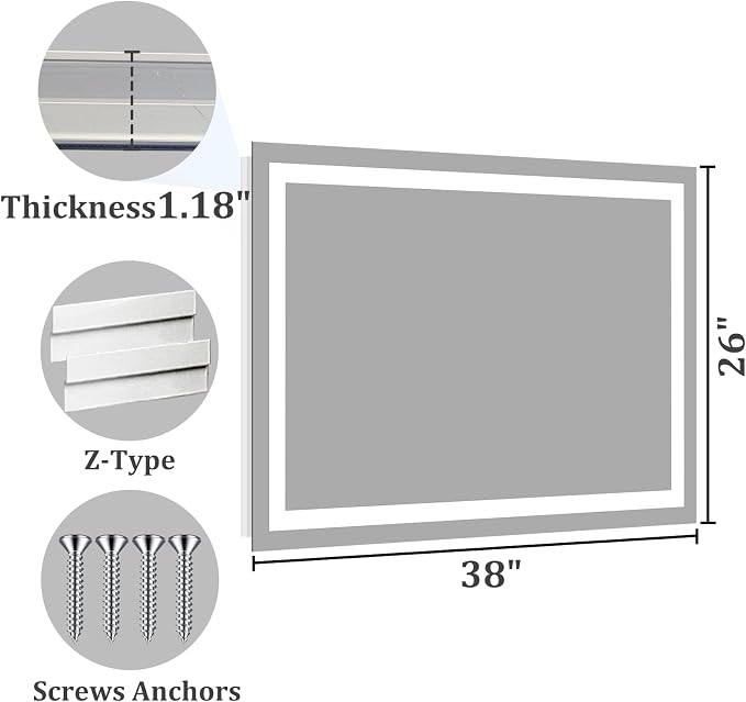 Koonmi 38"x26" LED Mirror for Bathroom, 90CRI Anti-Fog Vanity Mirror - Image 8