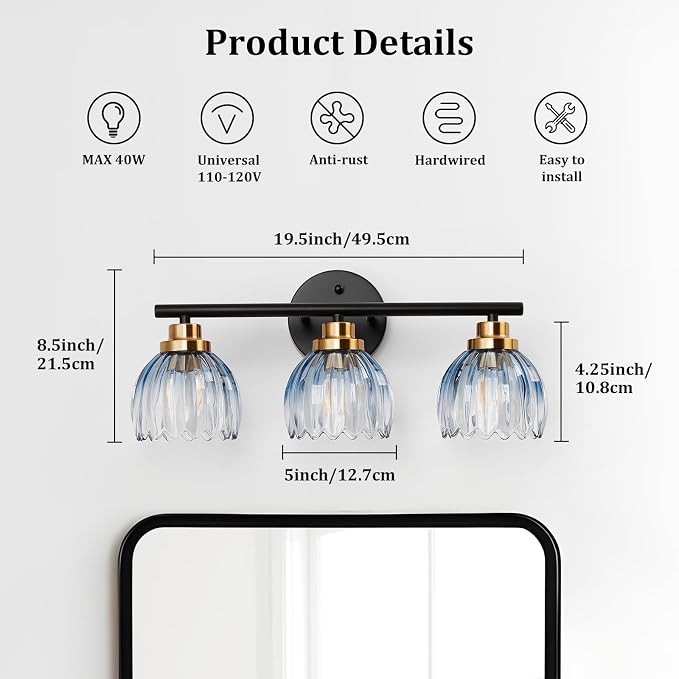 TALOYA Bathroom Vanity Light Fixtures, 3-Light Modern Black and Gold Wall - Image 2