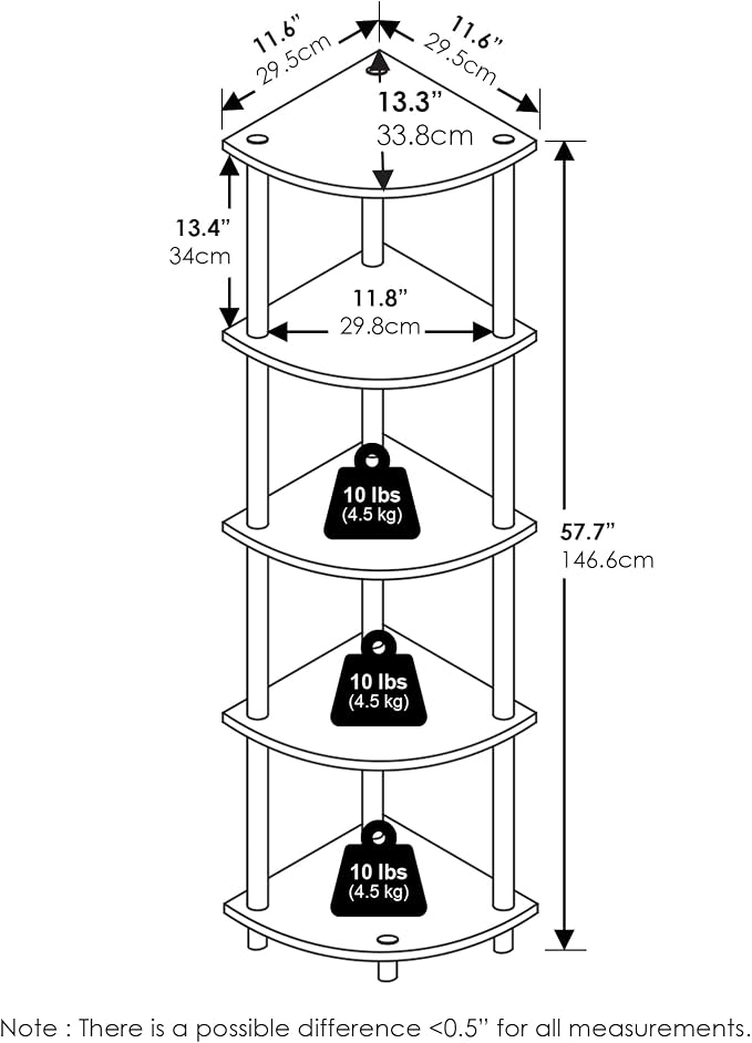 Furinno Turn-N-Tube Corner Shelf Set of 2, 5-Tier Corner Bookshelf, Open - Image 7