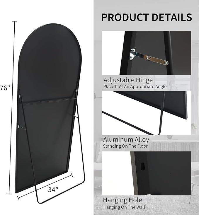 Beauty4U Arched Full Length Mirror 76" x 34", Floor Standing & Wall Mounted HD - Image 5