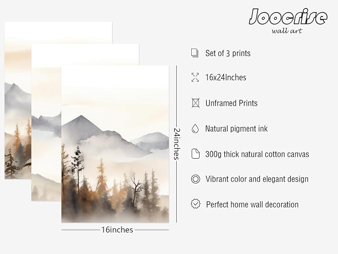 Neutral Mountain Wall Art Decor Set of 3 Forest Canvas Wall Art Poster - Image 2