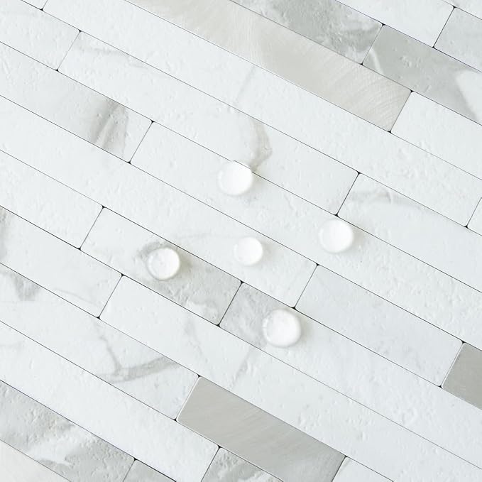 AULIGET 20 Sheets White Stone Peel and Stick Backsplash, PVC Mixed Metal Silver - Image 3