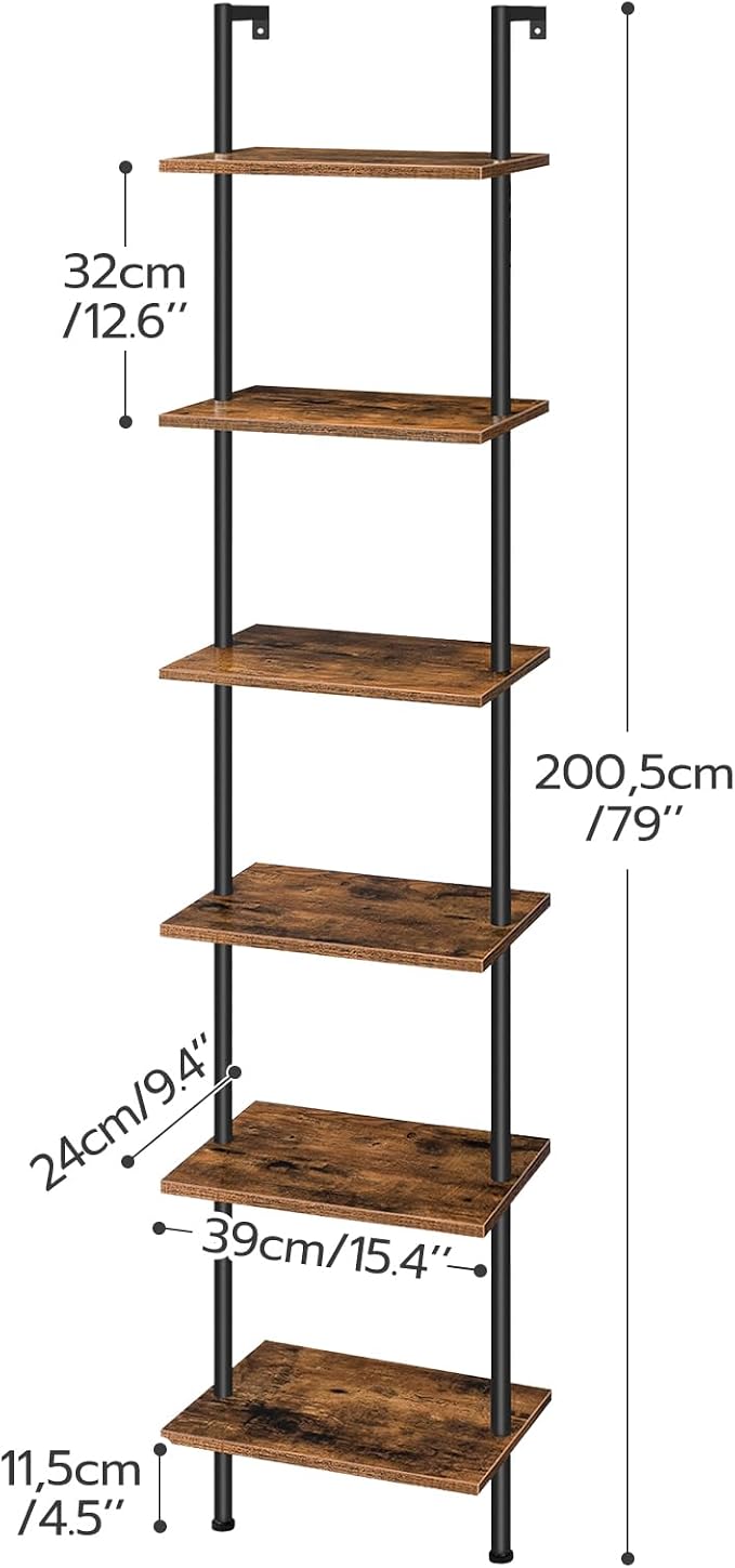 HOOBRO DIY Ladder Shelf, 6-Tier Wooden Wall Mounted Bookshelf, Narrow Bookcase - Image 3