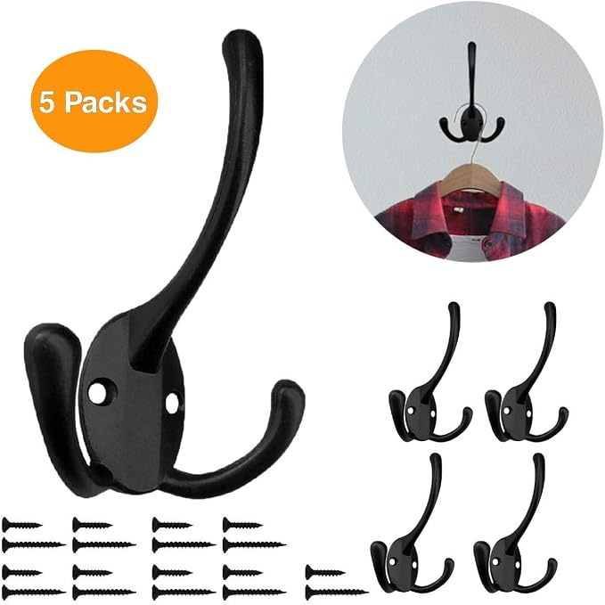 Wall Mounted Coat Hooks 5 Pack Heavy Duty Black Hardware Robe Hooks Decorative - Image 2