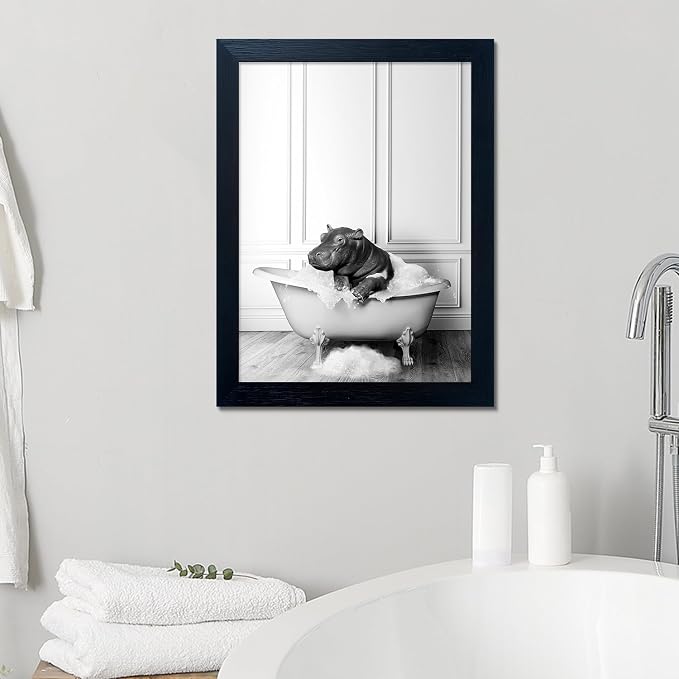 Black and White Bathroom Decor Funny Hippo in Bathtub Wall Art Framed Humor - Image 8