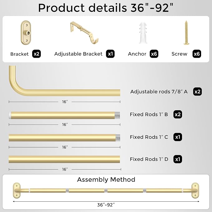 Curtain Rods 36-88 Inch, 1 Inch Adjustable Heavy Duty Room Darkening Window - Image 7