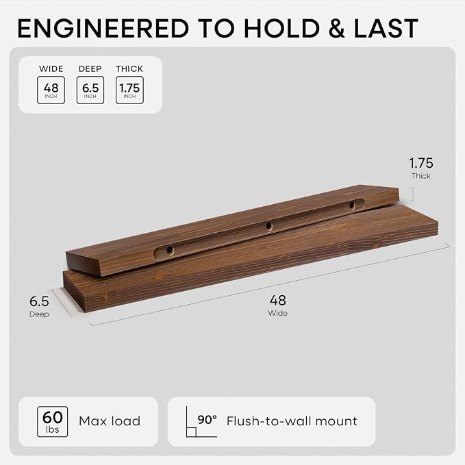 Homeforia Classic Walnut 48 inch Floating Shelf, High End Solid Real Wood Small - Image 2