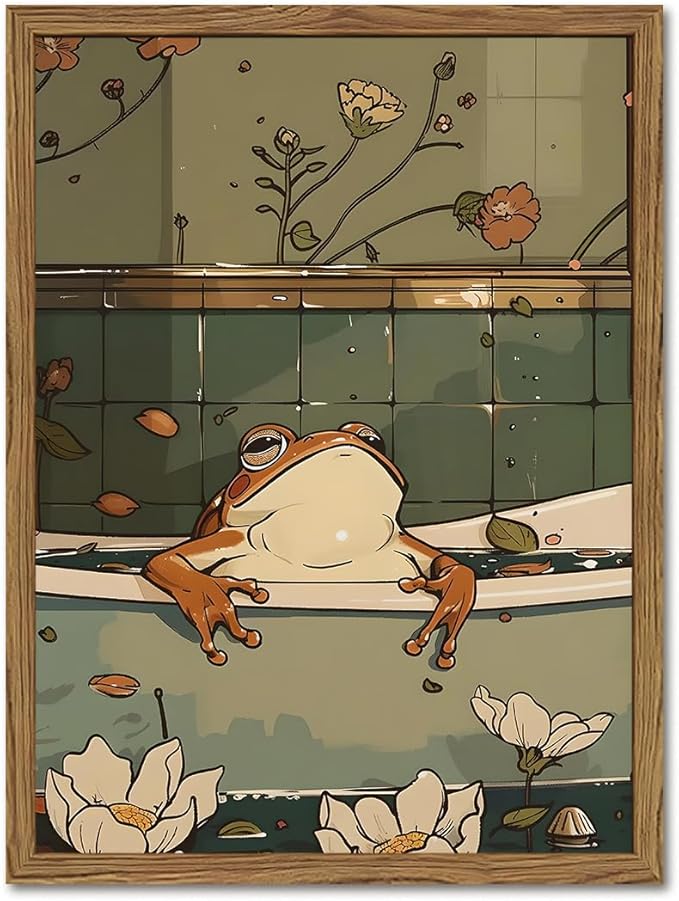 Funny Japanese Frog Bathroom Wall Art Whimsical Frog in Bathtub Wall Decor by YYNISPINWallArt