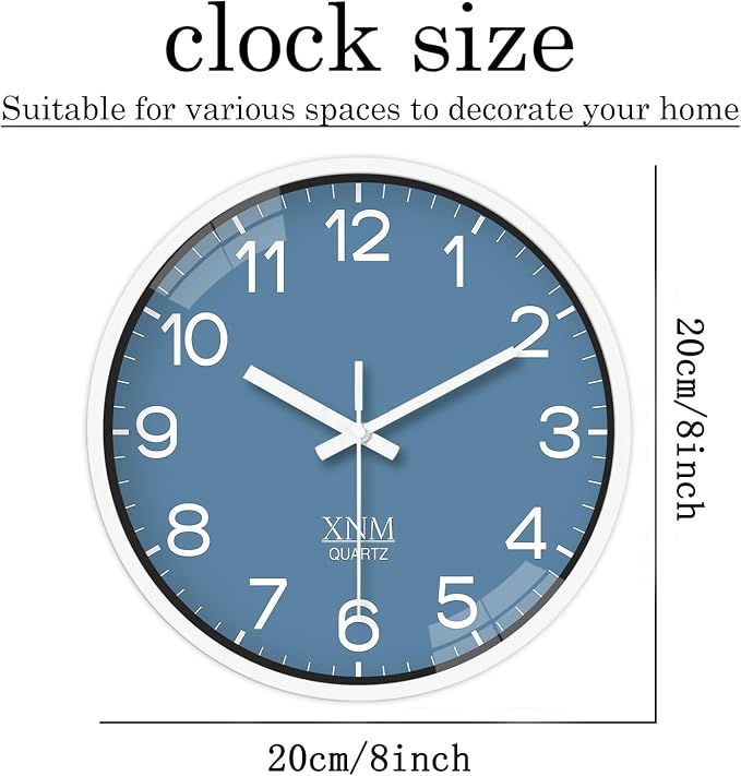 XNM Blue Minimalist Wall Clocks Battery Operated 8 Inch Classic Analog Clock - Image 3
