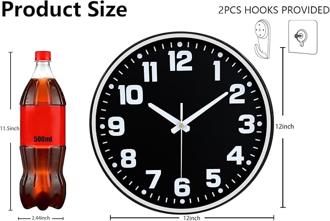Modern Silent Wall Clock, 12 Inch Non-Ticking Battery Operated Clock, Round - Image 3