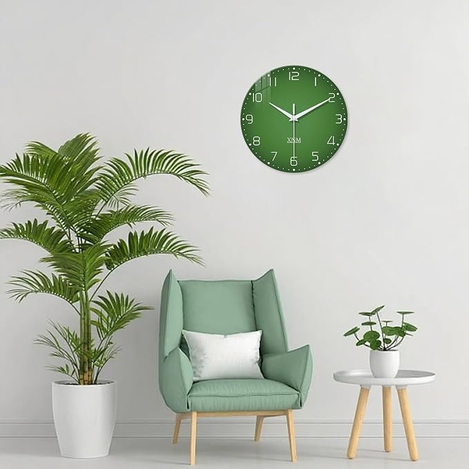 XNM Bedroom Clock Battery Operated Glass Minimalist Green Wall Clock 12 Inch - Image 6