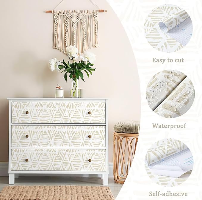 Peel and Stick Wallpaper Boho Wallpaper 17.3" x 393" Geometric Beige and White - Image 4