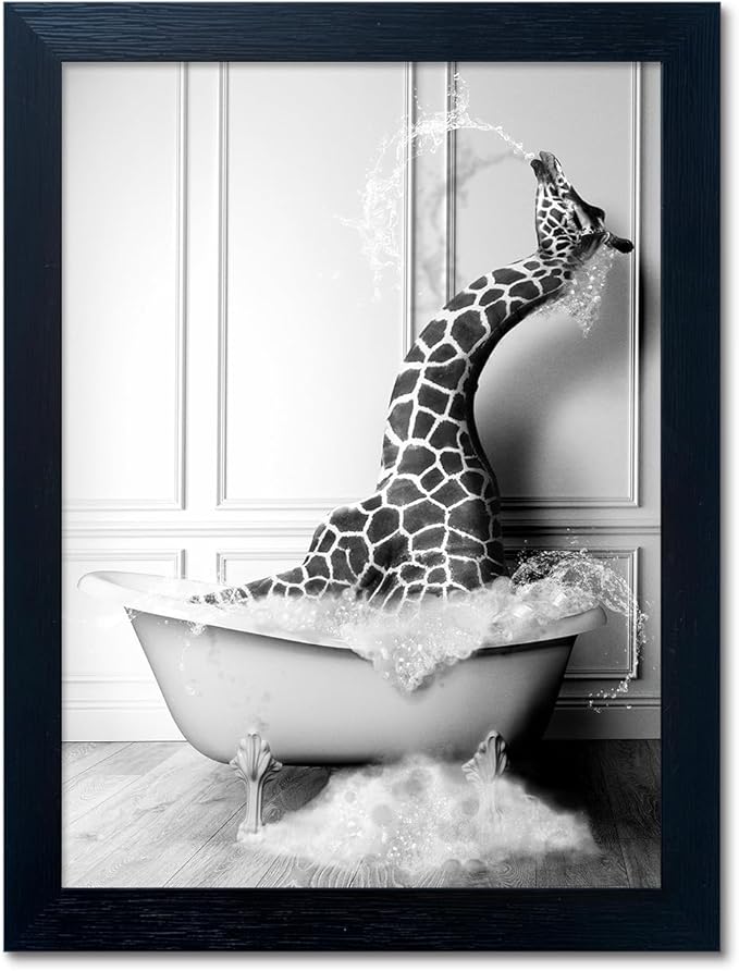 Bathroom Pictures Wall Decor Black and White Wall Art Funny Animal Canvas Print by Melpa+Art