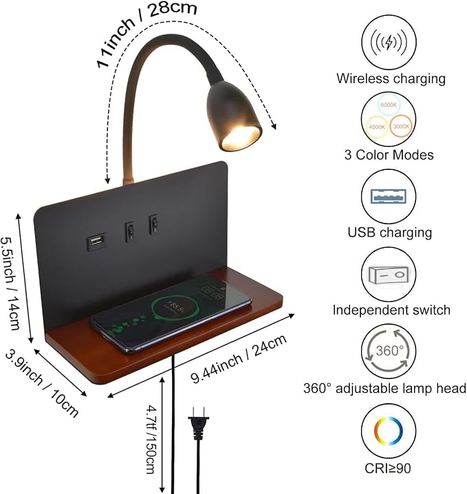 Bedside Wall Sconces with Wireless Charging Station & USB Charging, 3 - Image 5
