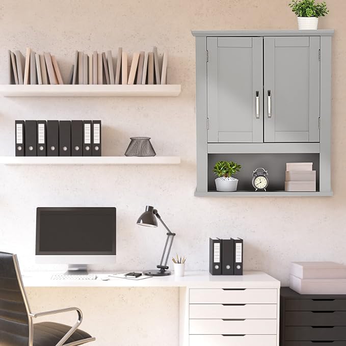 VINGLI Medecine Cabinet with 2 Doors Bathrooom Wall Cabinet Grey Over The - Image 8