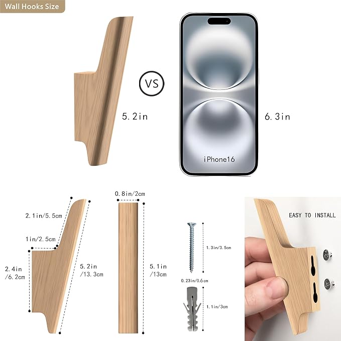 Wood Wall Hooks 4 Pack Coat Hooks Wall Mount Natural Wooden Hooks - Image 3