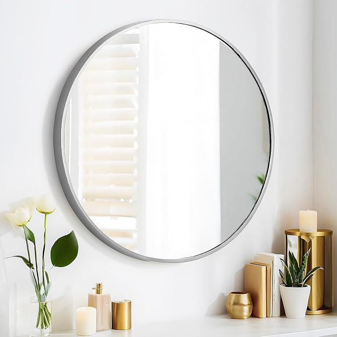 SCWF-GZ 24" Round Mirror Circle Wall Mounted Hanging or Against Wall Aluminum by SCWF-GZ
