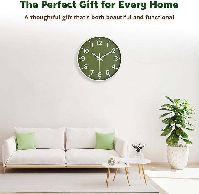 Silent Wall Clock Non-Ticking Battery Operated – Modern Olive Green Analog Wall - Image 4