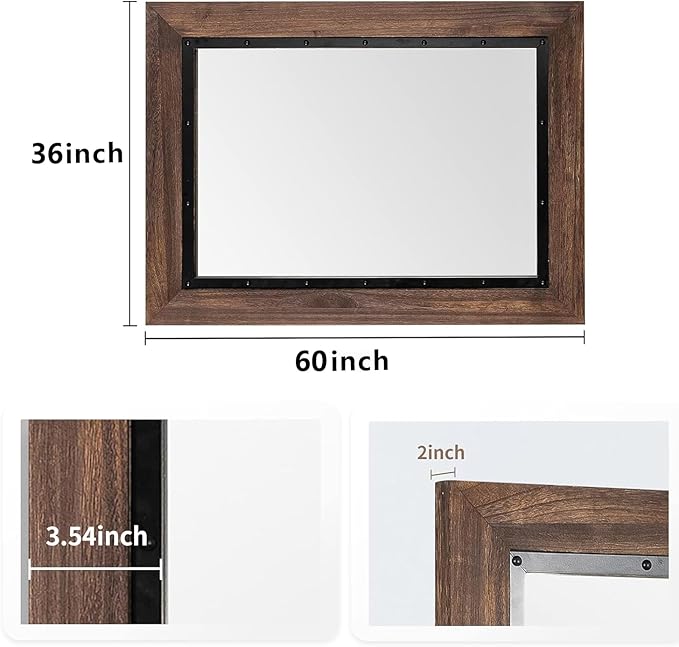 YOSHOOT Rustic Wooden Framed Wall Mirror, Natural Wood and Iron Bathroom Vanity - Image 3