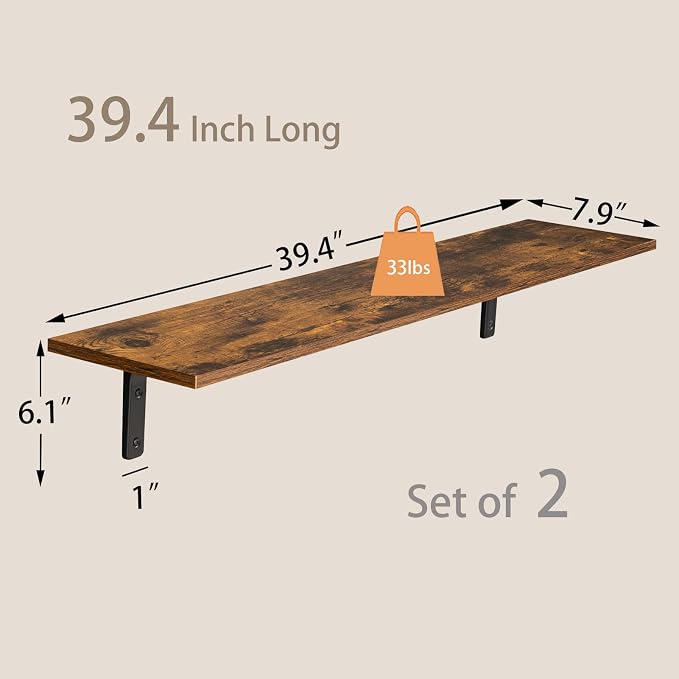 DINZI LVJ Long Wall Shelves, 39.4Inch Wall Mounted Shelves Set of 2, Extra - Image 3
