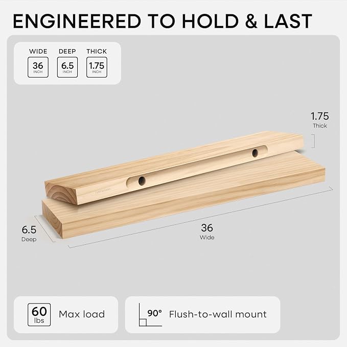 Homeforia 36 inch Natural Floating Shelf, High End Solid Real Wood 36inch Small - Image 2