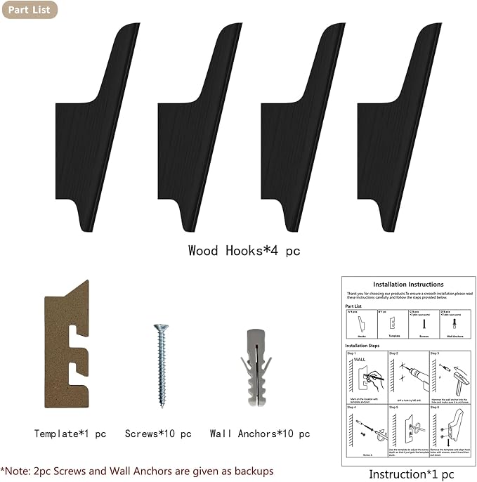 Wood Wall Hooks 4 Pack Coat Hooks Wall Mount Black Wooden Hooks - Image 9