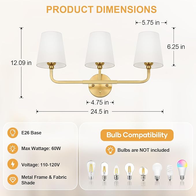 MOKATNG Bathroom Light Fixtures, 3-Light Brushed Gold Vanity Lights, Bathroom - Image 7