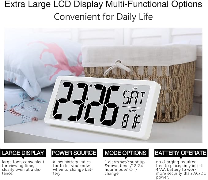 TXL 14.2" Large Digital Day Wall Clock, Custom 8 Languages Calendar, Count - Image 5