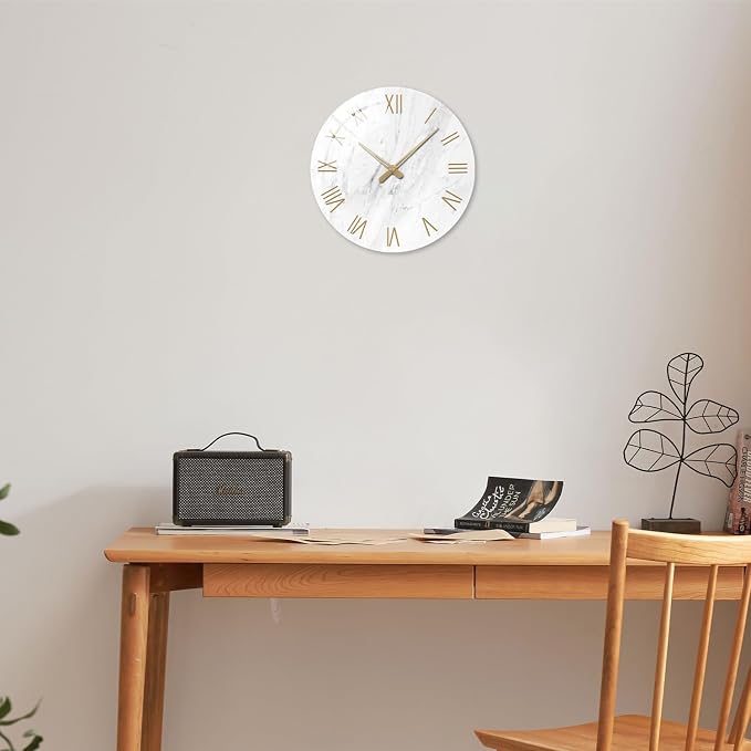 Round Marble Battery Wall Clock Modern 14 Inch White Minimalist Wall Clock - Image 3