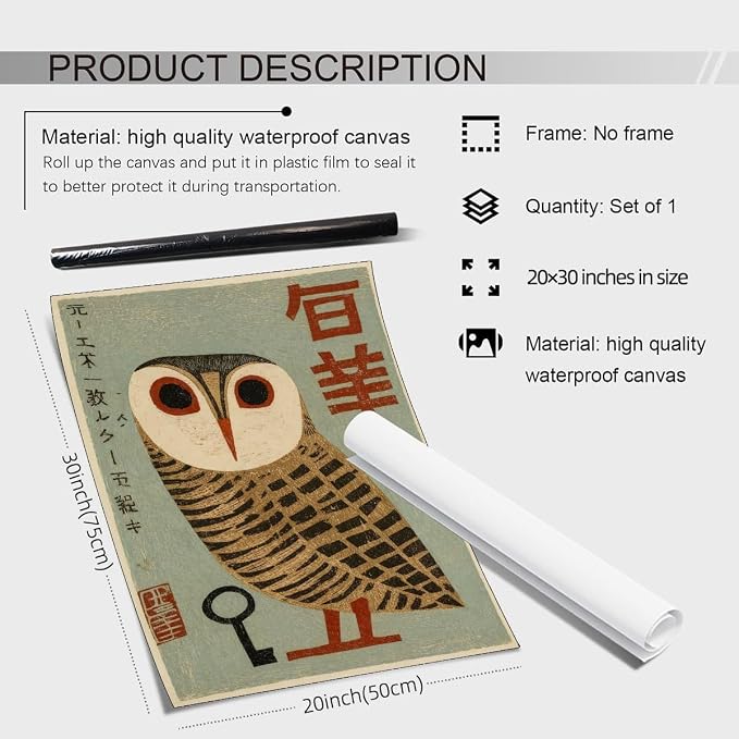 Heltrappe Vintage Japanese Canvas Wall Art Owl Poster Mid Century Animal Print - Image 2