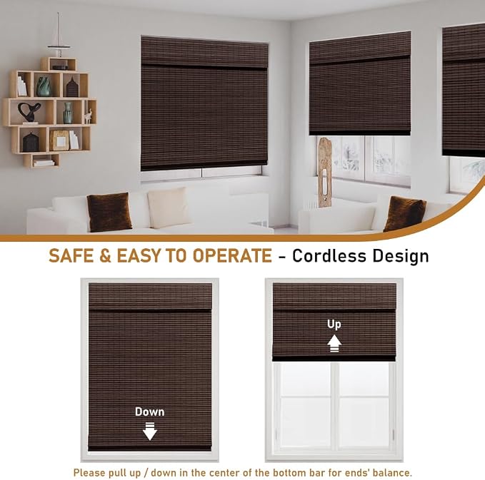 SEEYE Cordless Bamboo Roman Shades, Roll Up Blind Privacy Shade - Image 3