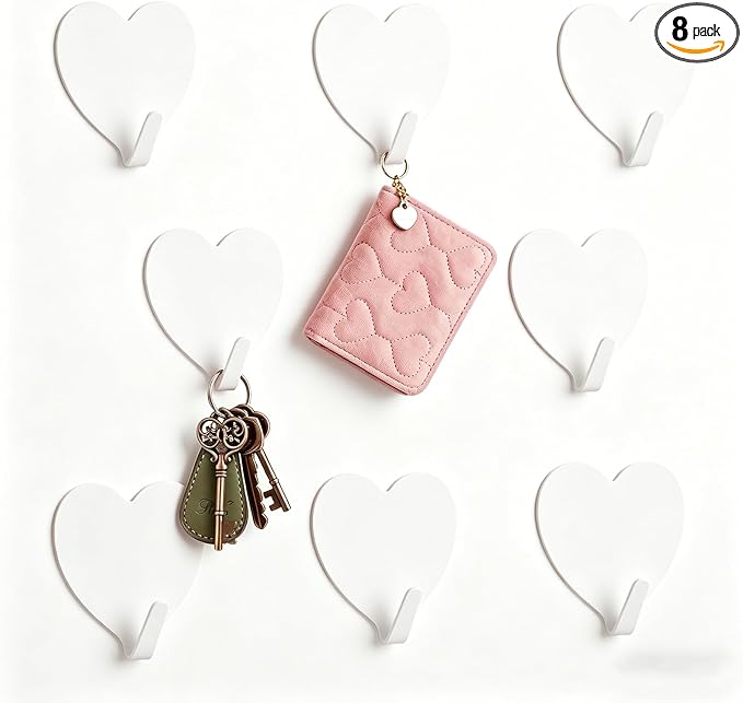 Heart Wall Hooks, 8 Pack, Cute White Decorative Accessories, Purse Hanger by DueHoppee
