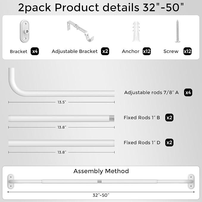 2 Pack Curtain Rods 32-46 Inch, 1 Inch Adjustable Heavy Duty Room Darkening - Image 7