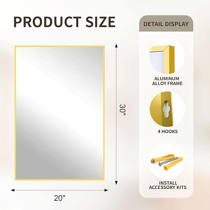FICTOR Bathroom Vanity Mirror-Gold, 30x20 Inch, Shatterproof & Anti-Rust - Image 2