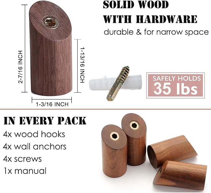 Felidio Wood Wall Hooks, 4 Pack Coat Hooks Wall Mounted, Rustic Wooden Heavy - Image 6