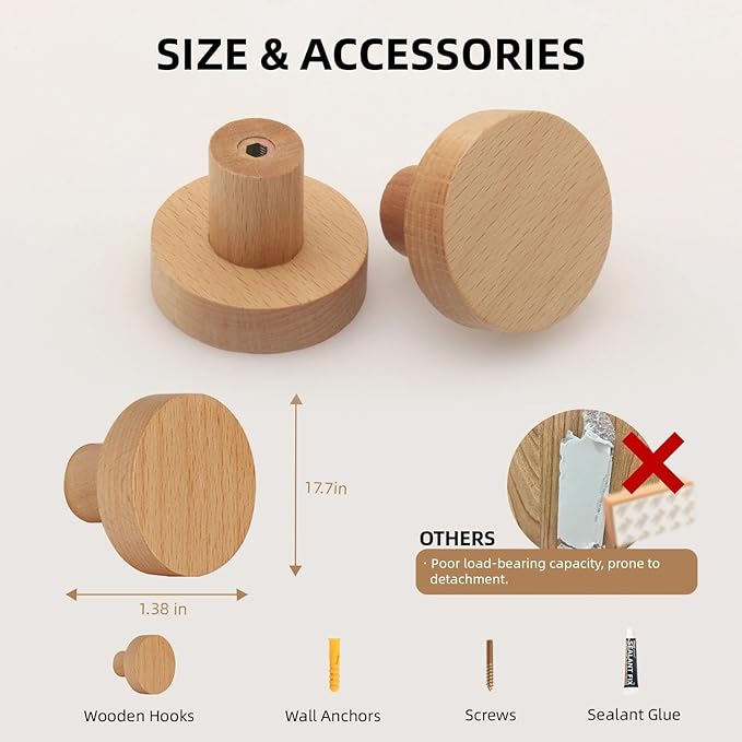 4 Pack Wood Hooks No Damage Wall Hooks Round Rings Adhesive Hooks Clothes - Image 6