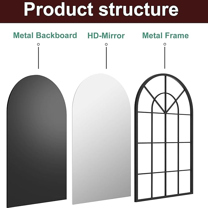 Dewfig Arch Wall Mirror Mounted Decorative, Arched Window Pane Mirror - Image 9