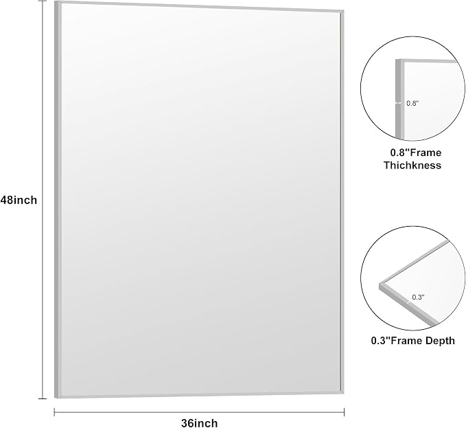 KOCUUY Silver Bathroom Mirror, HD Tempered Glass, Anti-Rust Brushed Silver Frame - Image 9