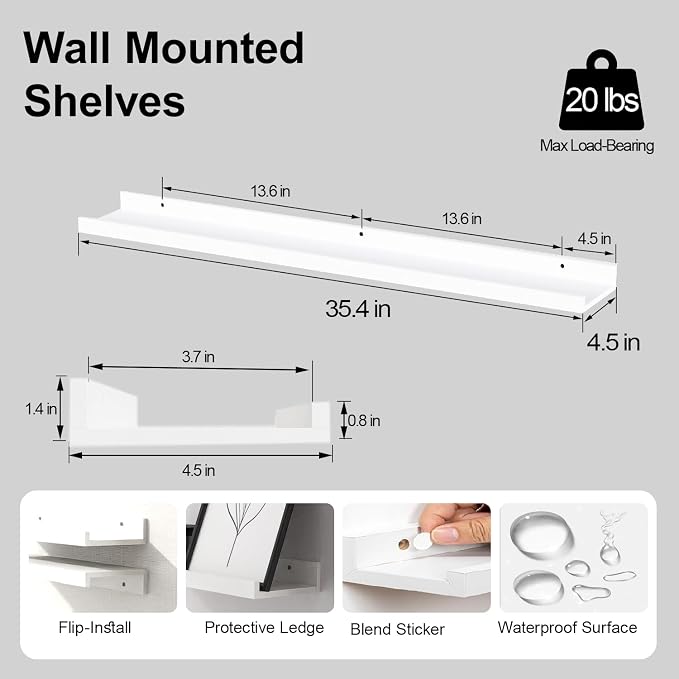 White Floating Shelves for Wall Decor, Long Wall Mounted Storage Shelf for - Image 2