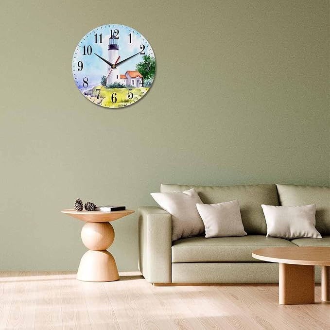 Mxocom Watercolor Lighthouse Wall Clock Building Green Hill Blue Skies House - Image 7