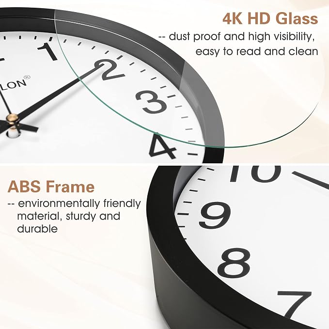 WISKALON 10 inch Silent Non-Ticking Elegant Black Frame Wall Clock, Classic - Image 5