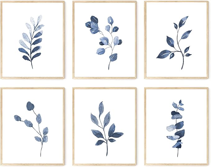 Navy Blue Botanical Wall Art Set of 6 Unframed, Minimalist Abstract Botanical by KBKBART